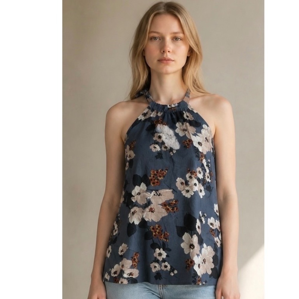 American Eagle Floral Halter Top S Blue Boho Open Back Tie Festival Beach Summer